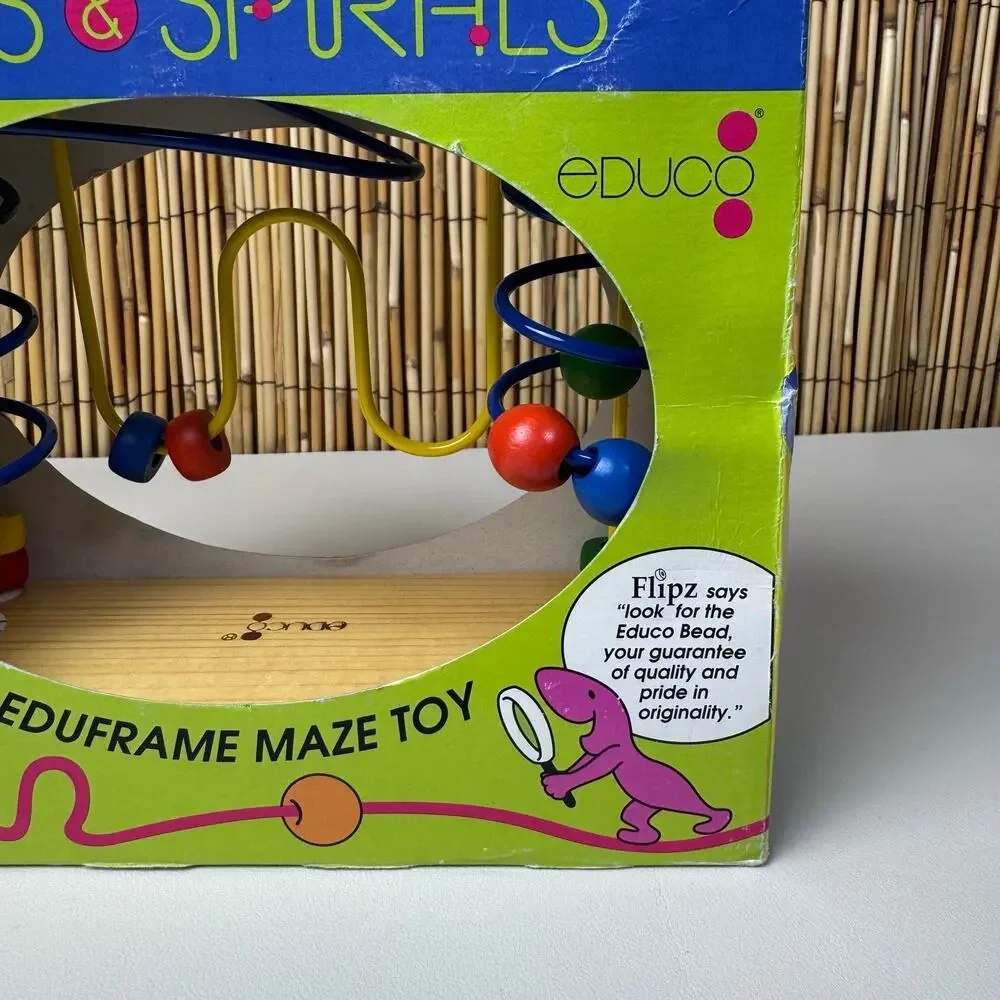 Vintage Educo Spins & Spirals Mini-Size Eduframe Wooden Bead Wire Maze Toy NIB